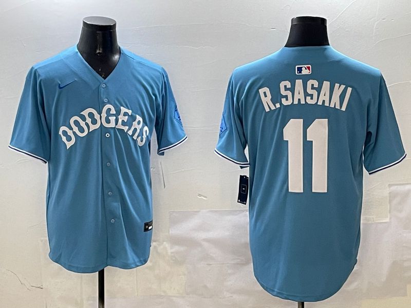 Men Los Angeles Dodgers #11 R.Sasaki Light Blue Joint Name 2025 Nike MLB Jersey style 1